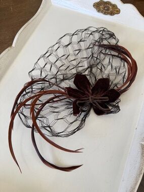 Vintage Brown Velvet Feather Flower Fascinator Hat Headpiece